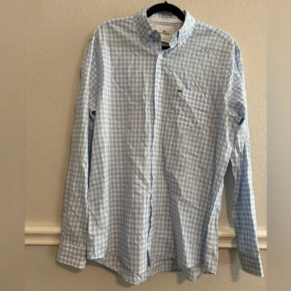 LACOSTE Men’s Classic Fit Long Sleeve Light Blue Gingham shirt size 42 - Picture 1 of 7